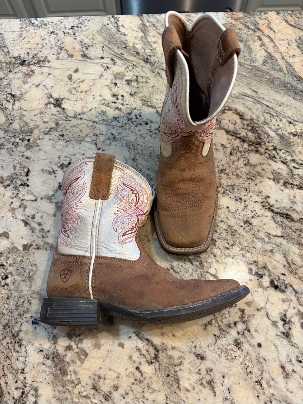 Ariat Brown and White Kids Western Boots with Red Stitching